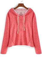 Romwe Hooded Drawstring Ruffle Pink Sweatshirt