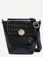 Romwe Black Crocodile Embossed Flap Bucket Crossbody Bag