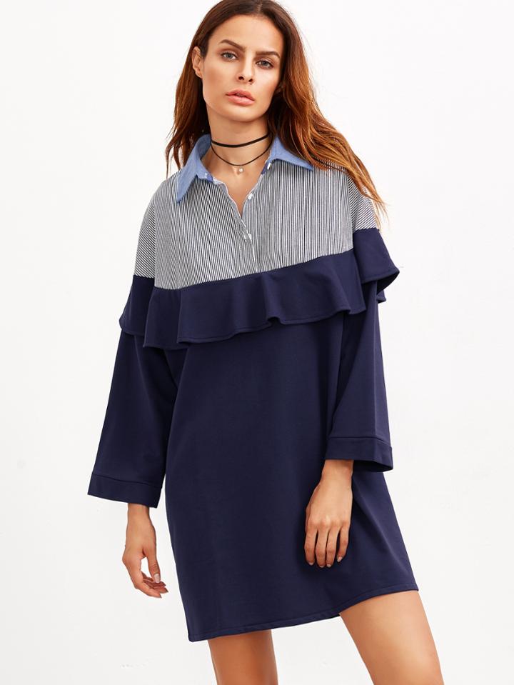 Romwe Contrast Vertical Striped Ruffle Trim Shirt Dress