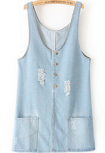 Romwe Scoop Neck Ripped With Pockets Pale Blue Dress