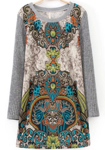 Romwe Vintage Totem Print Loose Apricot Dress