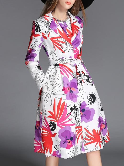 Romwe Lapel Florals Wrap Belt Long Coat