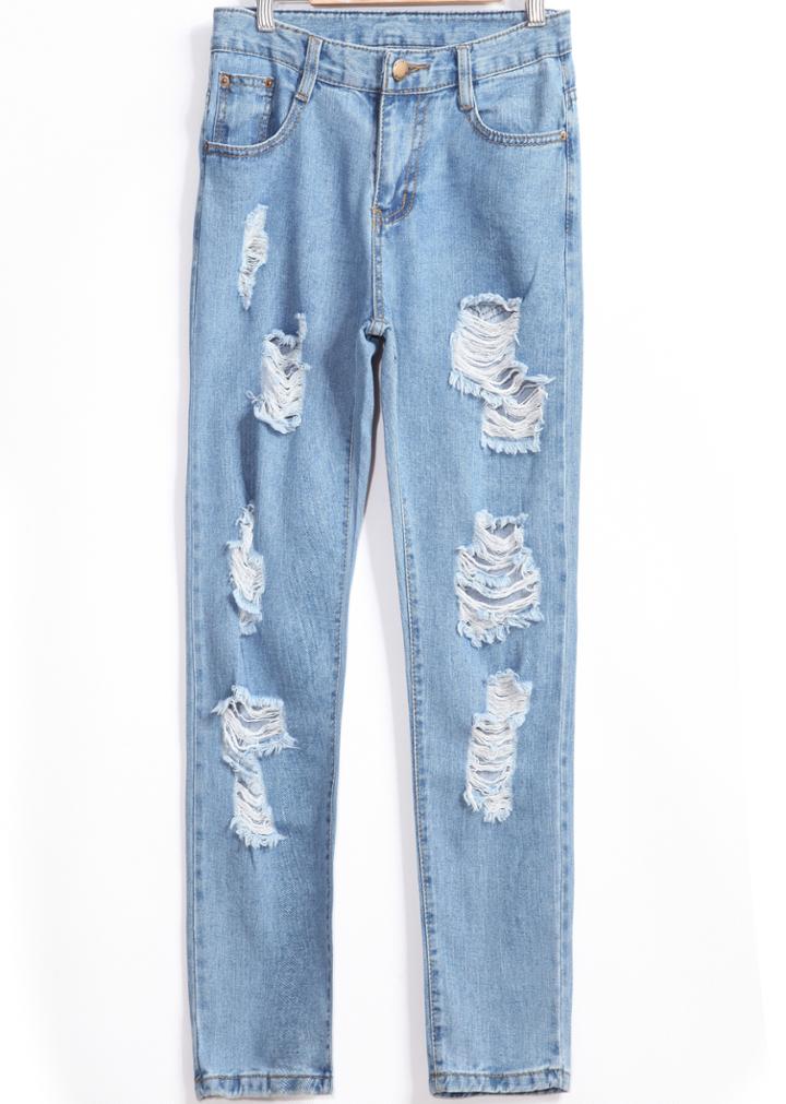 Romwe Pale Blue Ripped Denim Pant