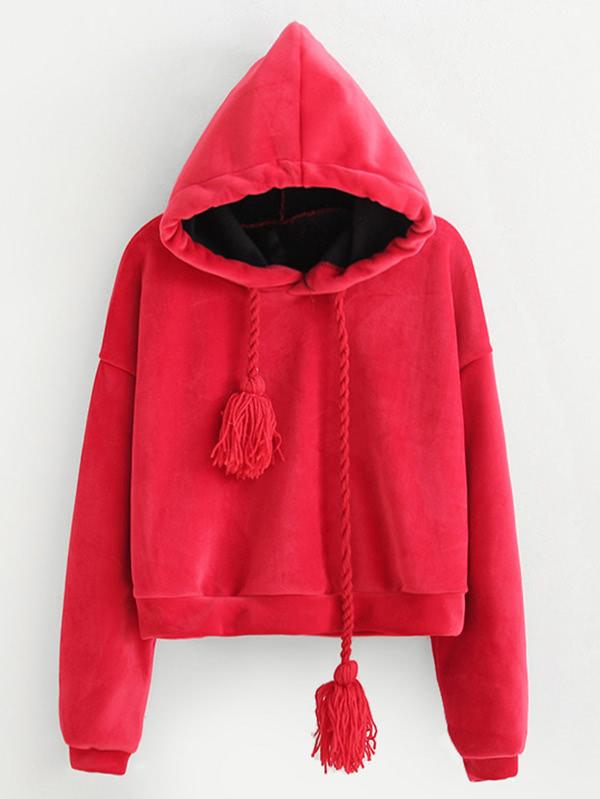 Romwe Braided Drawstring Tassel Detail Hoodie