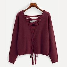 Romwe Plus Lace-up Drop Shoulder Sweater