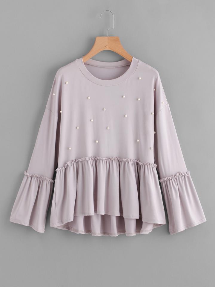 Romwe Pearl Detail Fluted Sleeve Frill Hem Tee