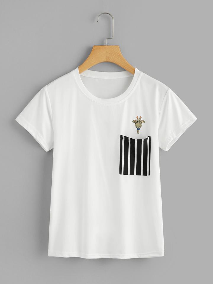 Romwe Animal Embroidered Chest Pocket Crop Tee
