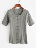 Romwe Grey Single Breasted Ribbed Knitted T-shirt
