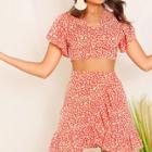 Romwe Tie Back Confetti Heart Print Top & Wrap Skirt Set