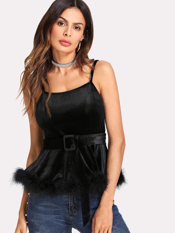Romwe Faux Fur Hem Peplum Cami Top