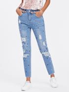 Romwe Beading Bleached Wash Shredded Jeans