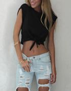 Romwe Black Round Neck Knotted Crop T-shirt