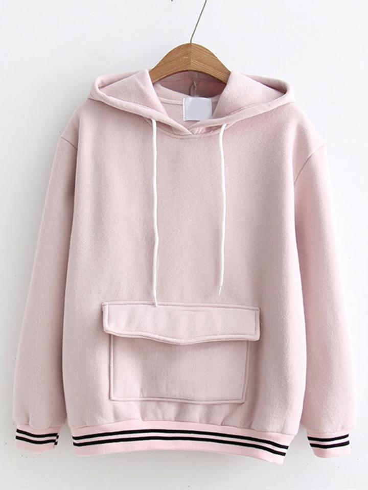Romwe Striped Trim Front Pocket Hoodie
