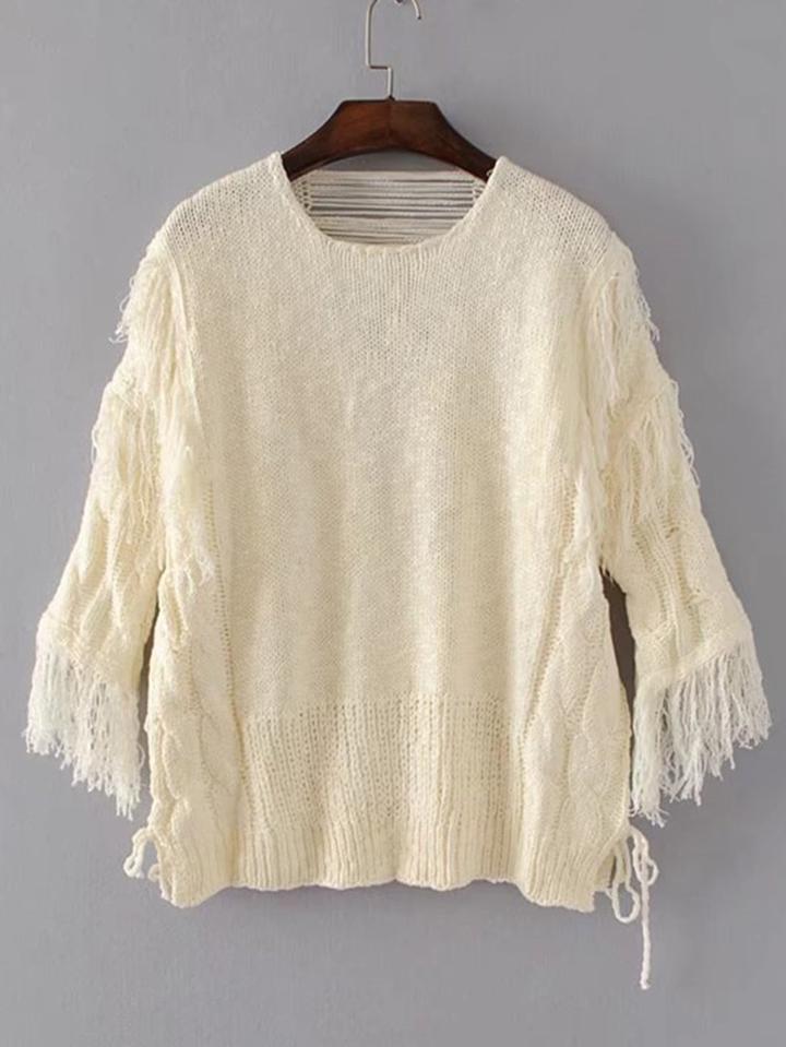 Romwe Fringe Trim Lace Up Side Ripped Sweater
