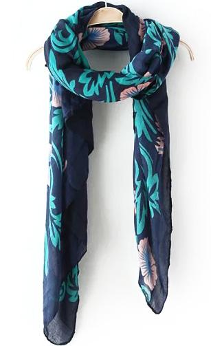 Romwe Sunflower Print Vintage Blue Scarf