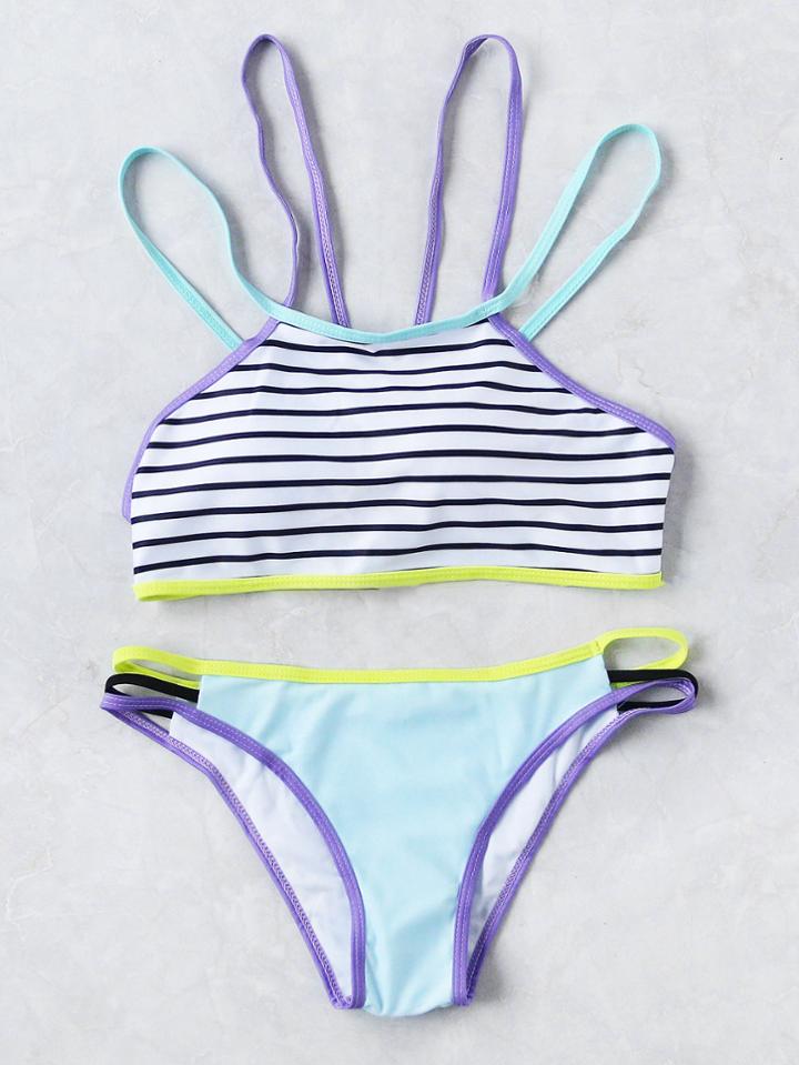 Romwe Color Block Striped Detail Strappy Bikini Set