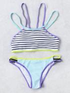 Romwe Color Block Striped Detail Strappy Bikini Set