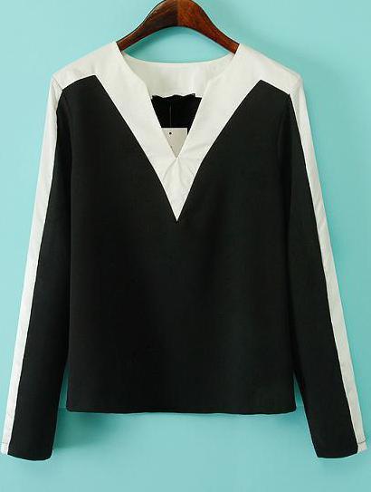 Romwe V Neck Color Block Shirt