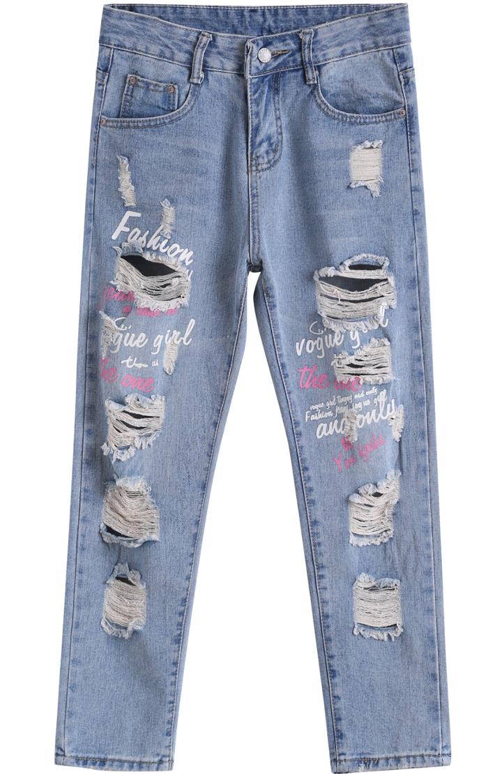 Romwe Blue Ripped Letters Print Denim Pant