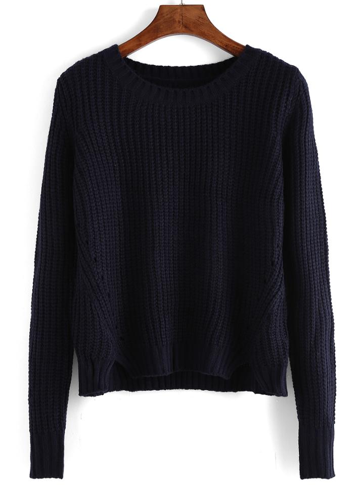 Romwe Long Sleeve Slit Navy Sweater