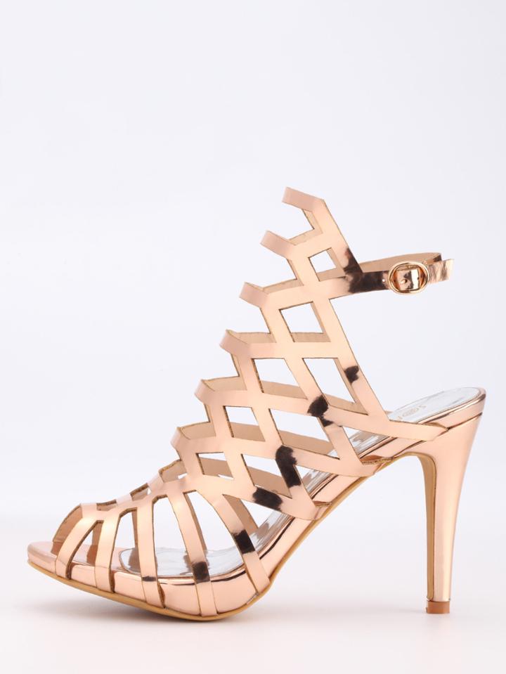 Romwe Caged Peep Toe Slingback Sandals - Rose Gold