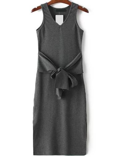 Romwe Dark Grey Ribbed V Neck Side Slit Dress With Self Tie