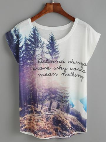 Romwe White Forest View Print T-shirt