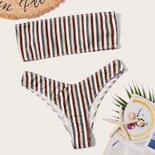 Romwe Striped Bandeau Top With High Cut Bikini