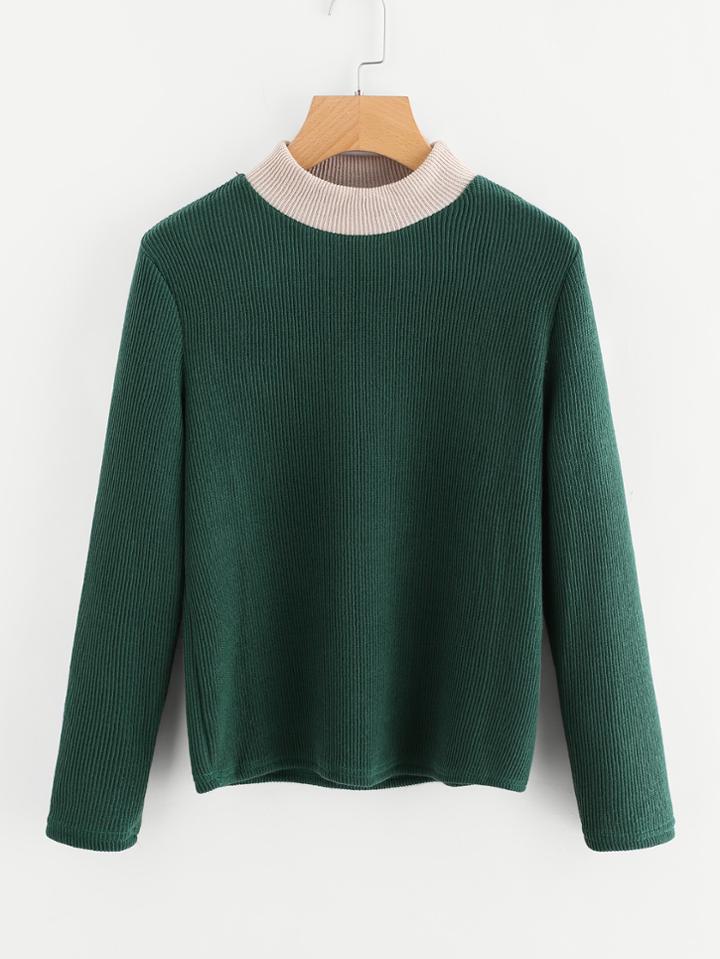 Romwe Contrast Trim Ribbed Knit Sweater