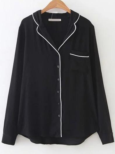 Romwe Black Contrast Trim Pocket Blouse