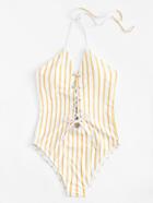 Romwe Lace Up Striped Swimsuit