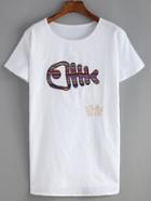 Romwe Cat Fish Bone Embroidered Patch T-shirt