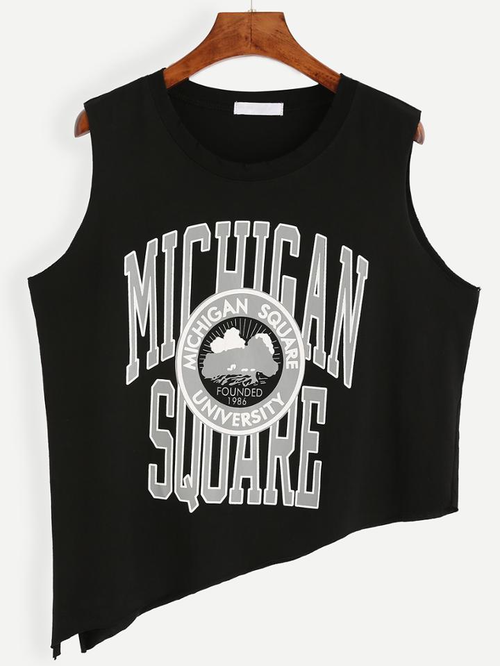 Romwe Black Letters Print Asymmetric Slit Side Sleeveless Top