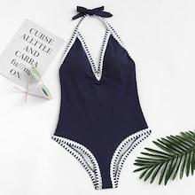 Romwe Low Back Contrast Trim Halter One Piece Swimsuit