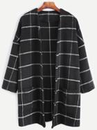 Romwe Black Grid Collarless Open Front Coat With Pocket