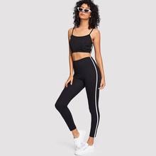 Romwe Stripe Tape Side Cami Top With Leggings