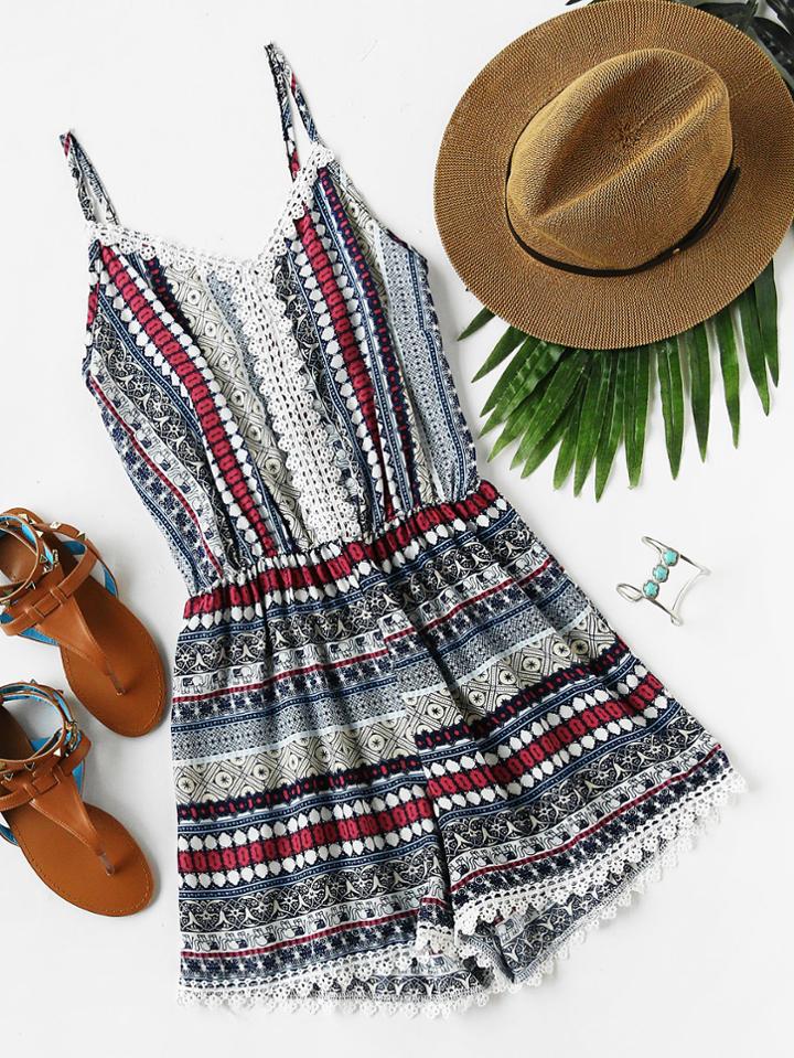 Romwe Printed Random Lace Trim Cami Romper