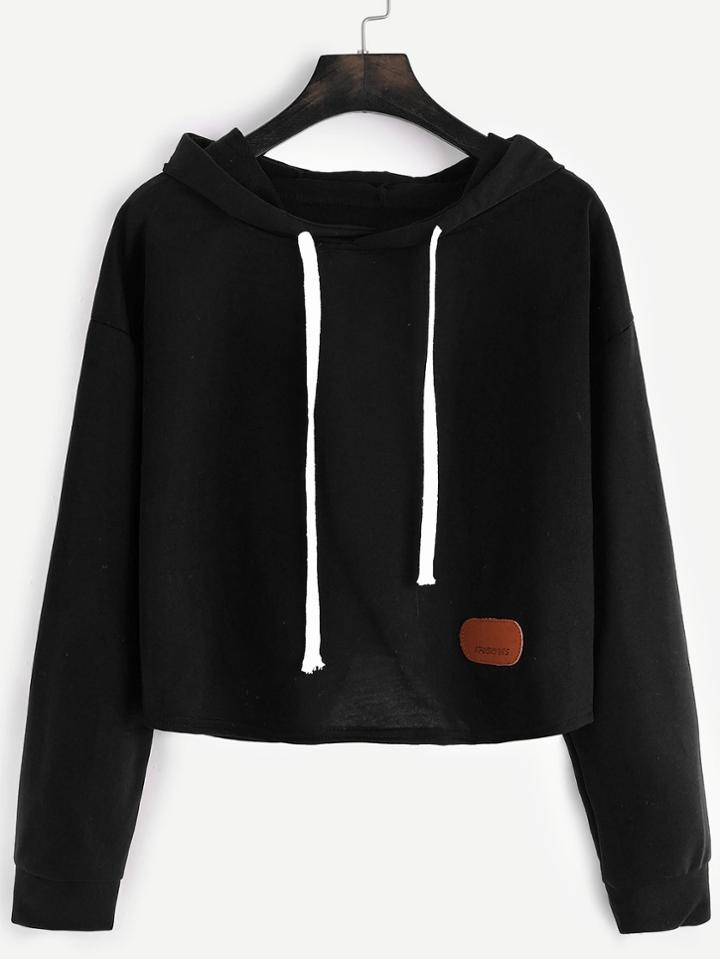 Romwe Black Hooded Drop Shoulder Patch Crop Sweatshirt