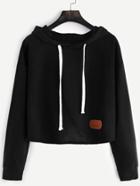 Romwe Black Hooded Drop Shoulder Patch Crop Sweatshirt