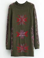 Romwe Amry Green Geometric Pattern Raglan Sleeve Long Sweater