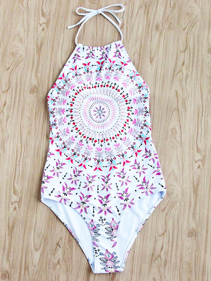 Romwe Retro Flower Print Halter Swimsuit