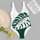 Romwe Leaf Print Scoop Neck One Piece Swimsuit