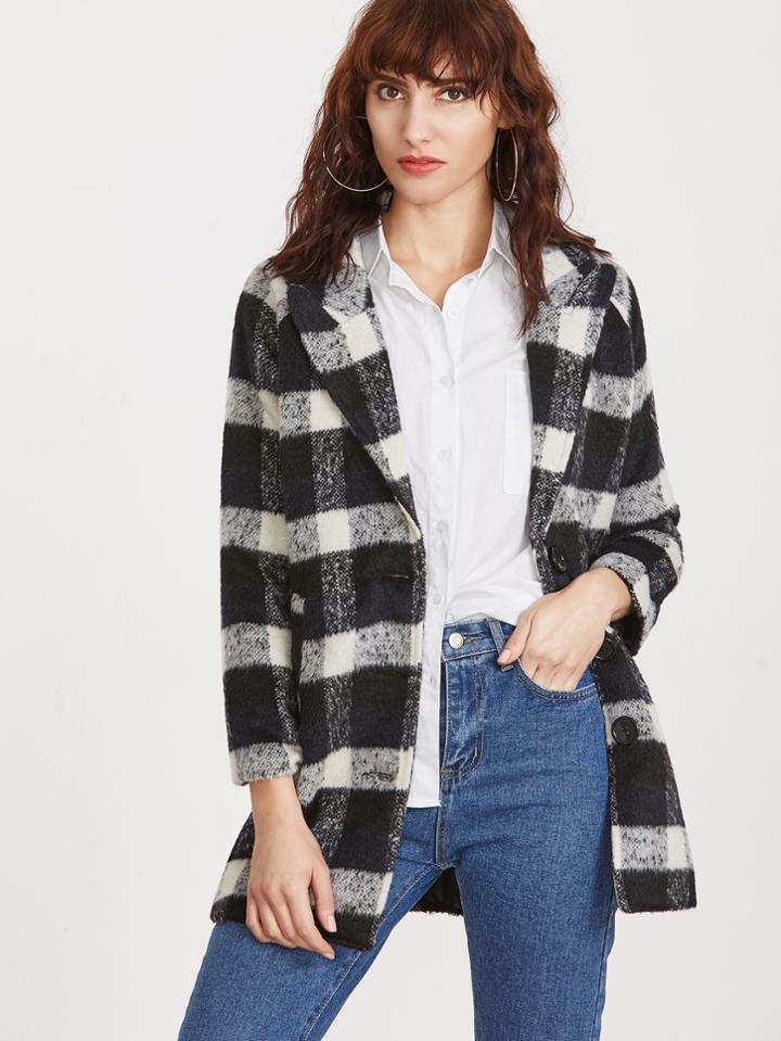 Romwe Black Plaid Peak Collar Single Breasted Coat