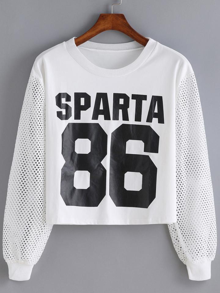 Romwe Long Sleeve Letter Print Hollow T-shirt