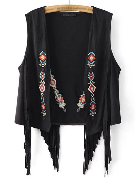 Romwe Black Sleeveless Embroidery Tassel Brown Sleeveless Embroidery Tassel Vest