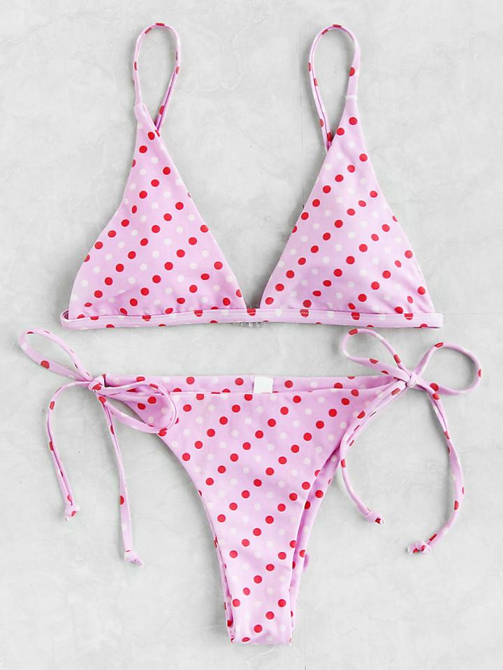Romwe Polka Dot Print Side Tie Triangle Bikini Set