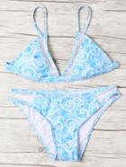 Romwe Blue Printed Mesh Insert Triangle Bikini Set