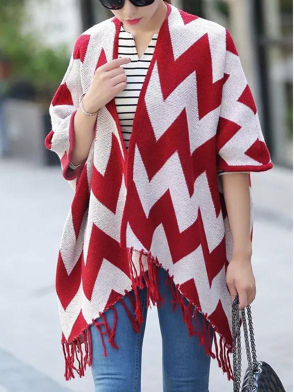 Romwe Red White Chevron Fringe Poncho Sweater