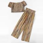 Romwe Plus Off Shoulder Lettuce Frill Shirred Striped Top With Pants