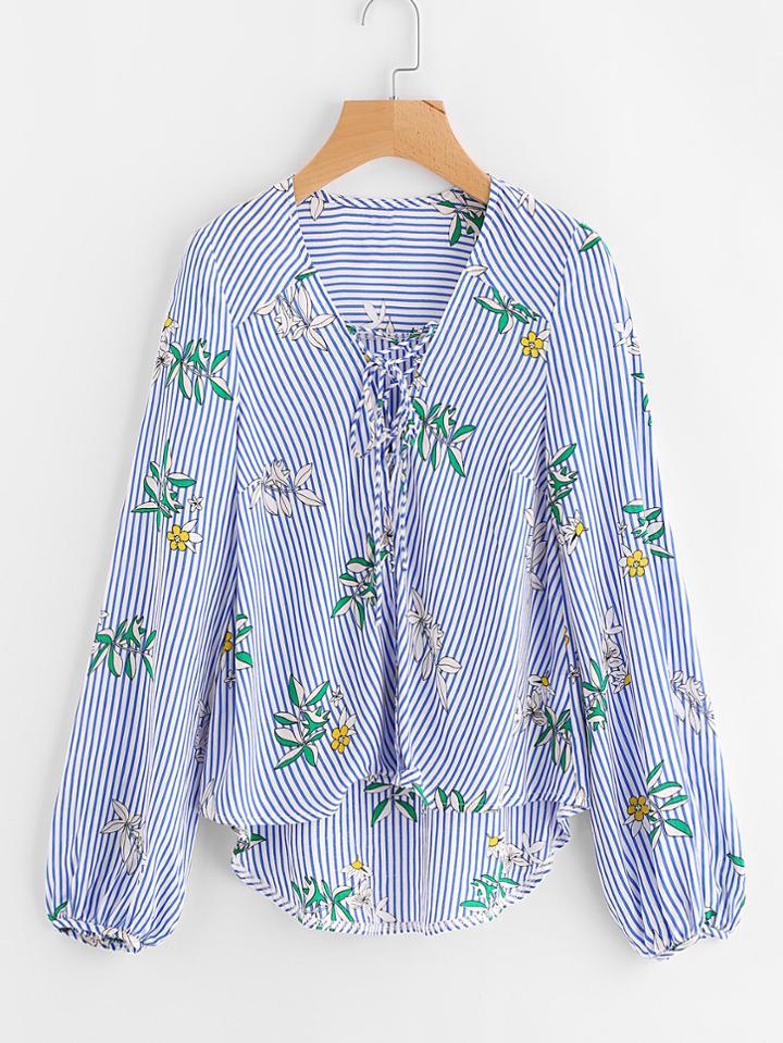 Romwe Mixed Print Lace Up Staggered Hem Blouse